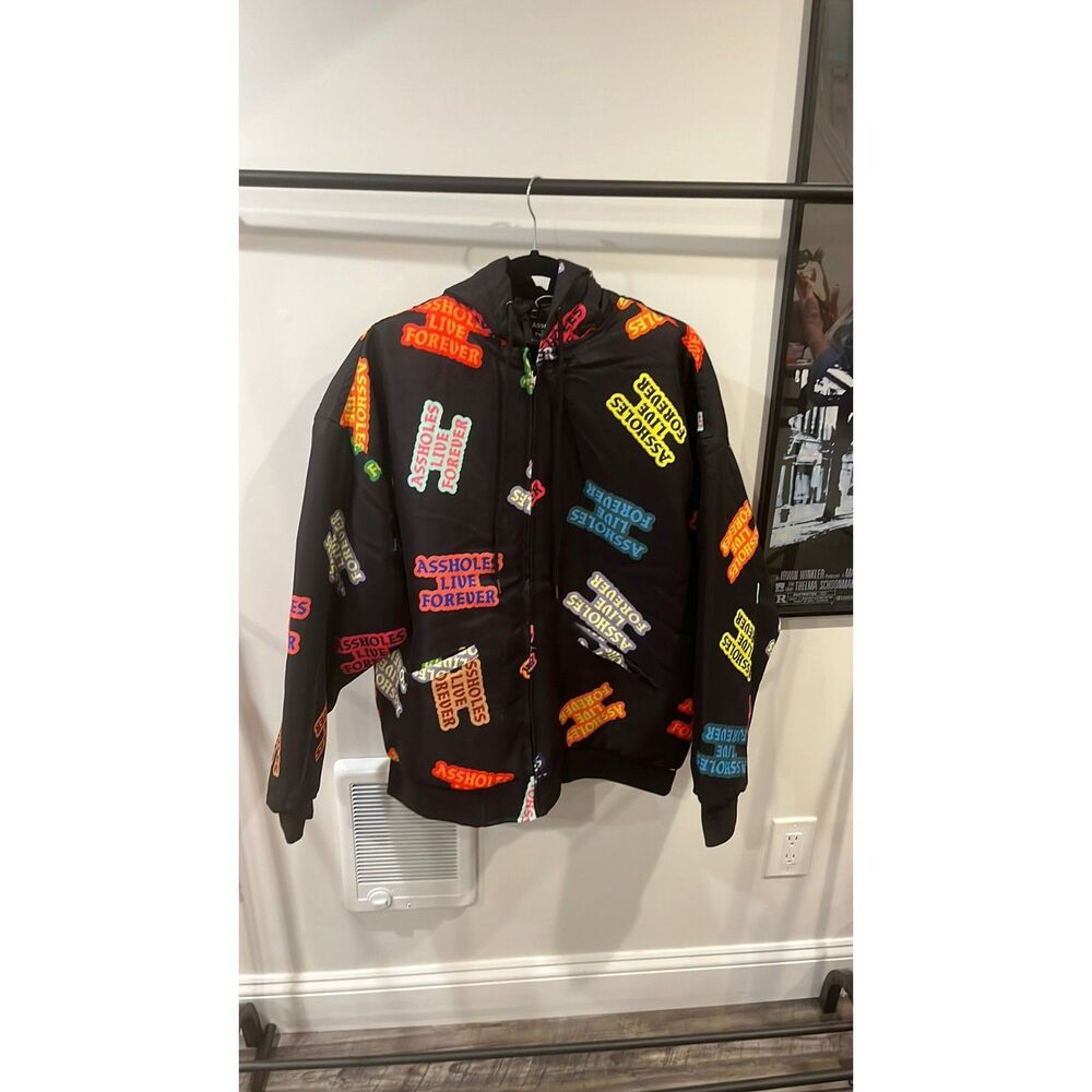 NWOT Aholes Live Forever Black Puffer Bomber Jacket Large Graphic Streetwear
